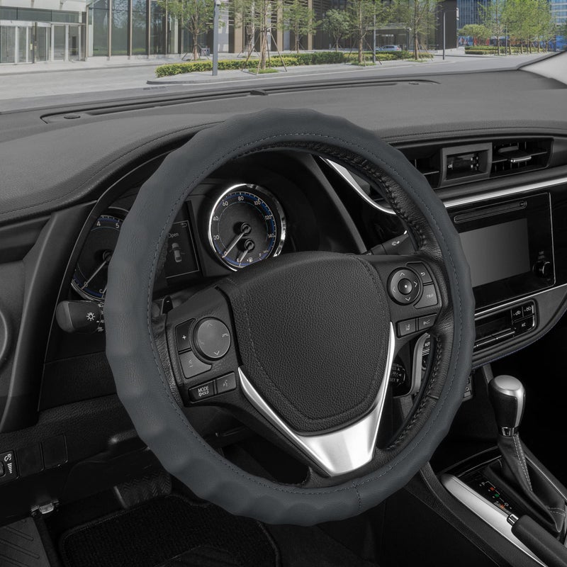 BDK Genuine Gray Leather Steering Wheel Cover for Car, Medium (14.5" - 15.5") â€“ Ergonomic Comfort Grip for Men & Women, Universal Fit Car Steering Wheel Cover for Most Vehicles - Image 1